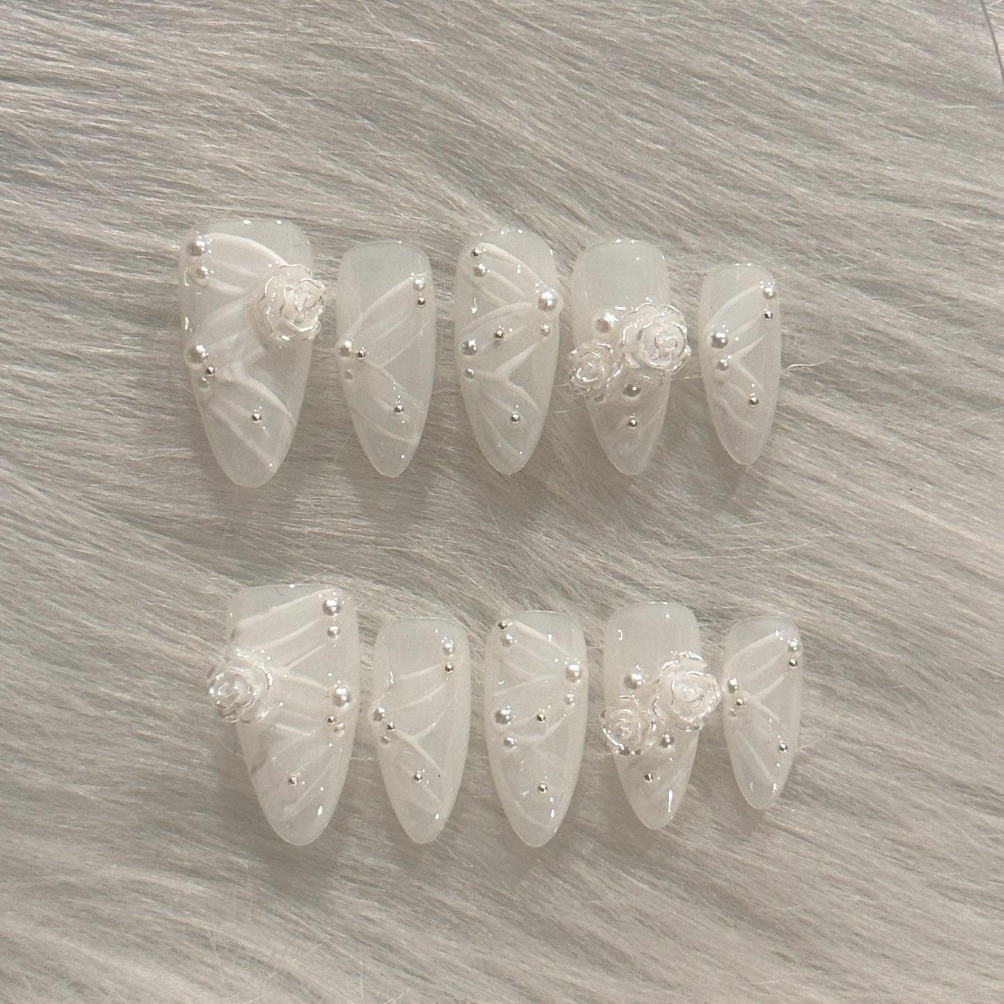 Handmade White Elegant Swirl Rose Pearl Press On Nails | Wedding Nails