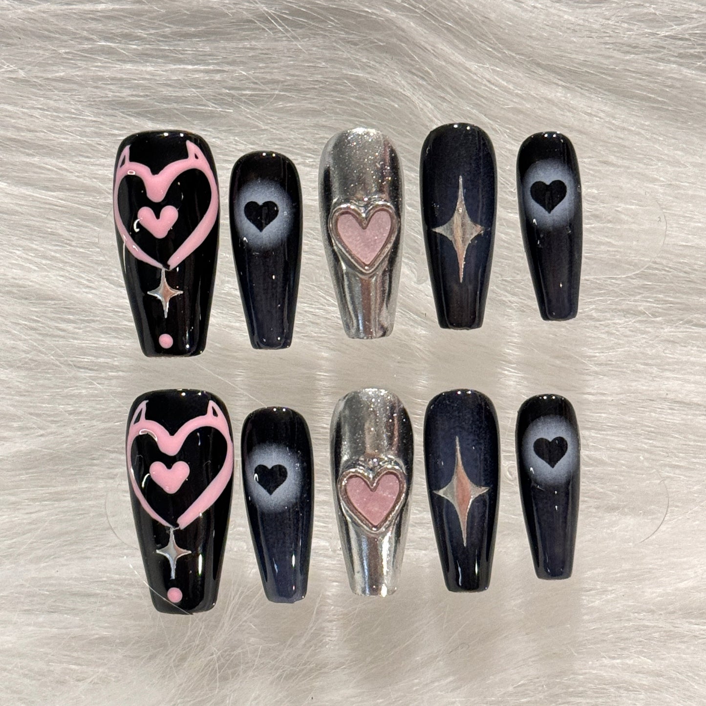 Handmade Pink Heart Black Purple Metalic Press On Nails | Y2K Nails | Cute Kawaii Nails