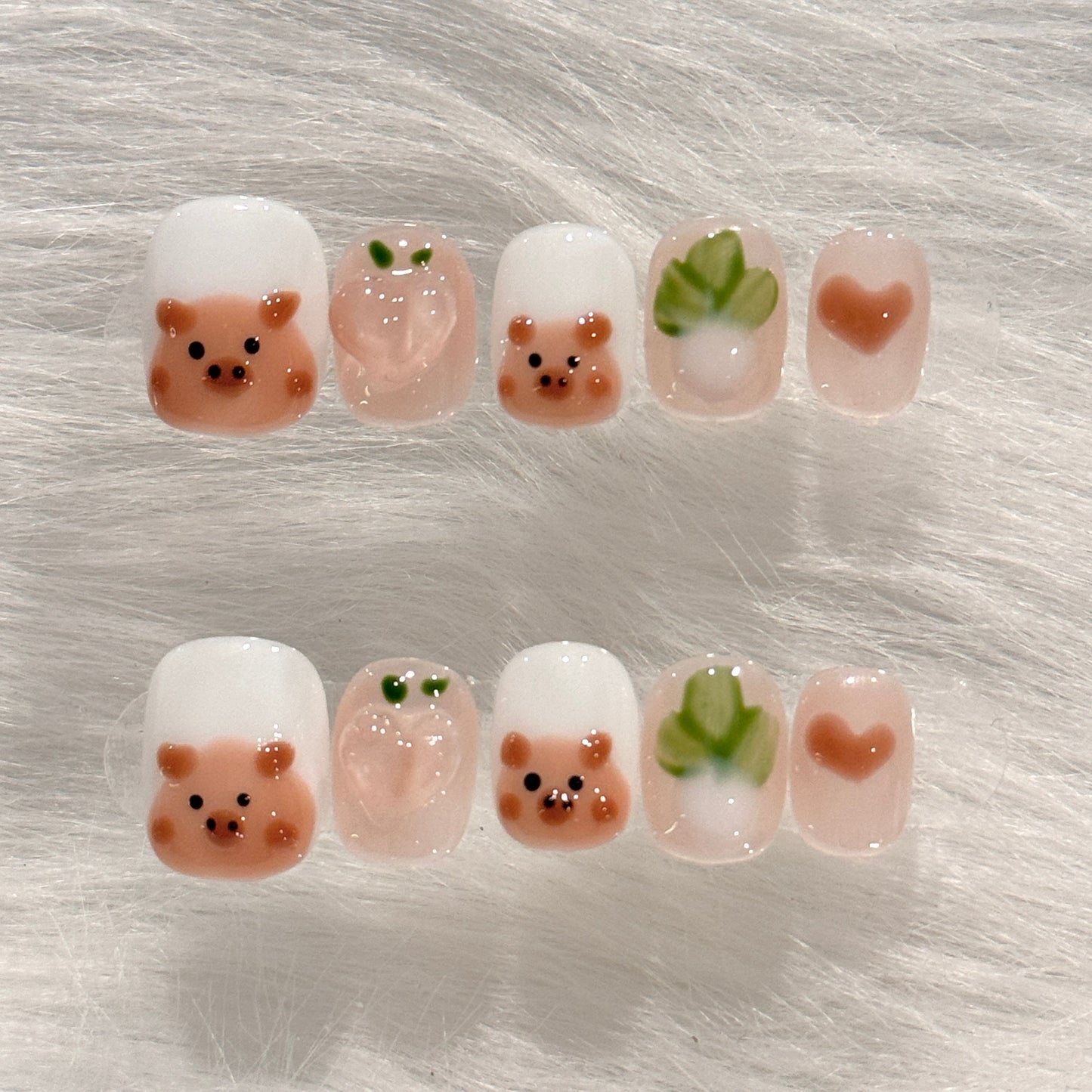 Handmade Cute Pink Piggy French Press On Nails | Cute Kawaii Nails