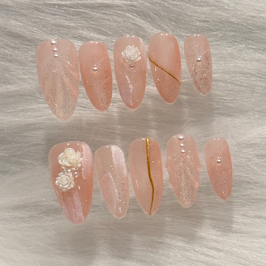 Handmade Glitter Shell White Rose Press On Nails | Nude Nails | Elagant Japanese Nails