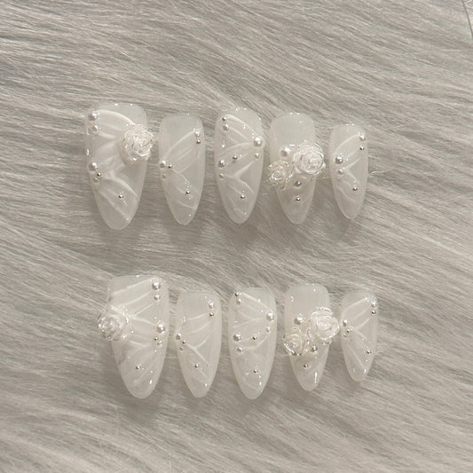 Handmade White Elegant Swirl Rose Pearl Press On Nails | Wedding Nails 