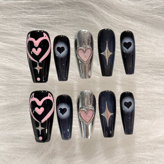 Handmade Pink Heart Black  Purple Metalic Press On Nails | Y2K Nails | Cute Kawaii Nails
