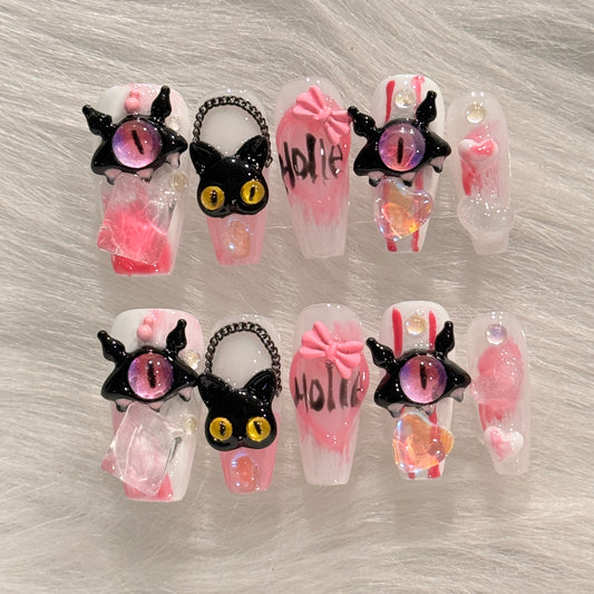 Handmade Cute Monster and Cat Black Pink Ribbons Press On Nails | Y2K Nails | Halloween Nails