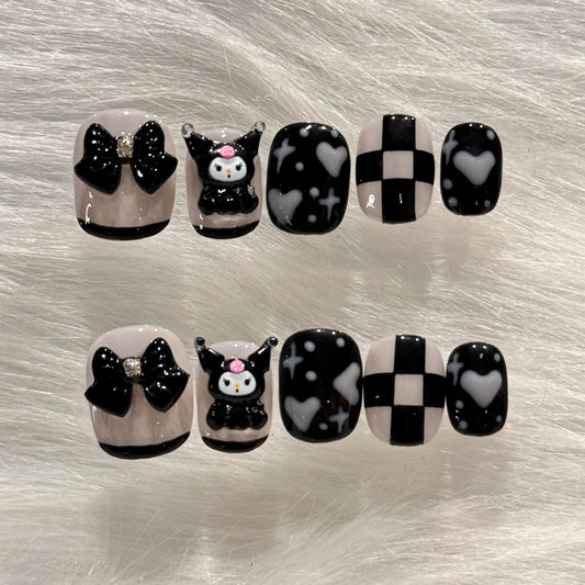 Handmade Kuromii Black and White Ribbons Cute Press On Nails | Cute Kawaii Nails | Y2K Nails