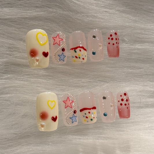 Handmade Pink White French Colorful Dot Rhinestone Press On Nails | Cute Kawaii Nails | Y2K Nails