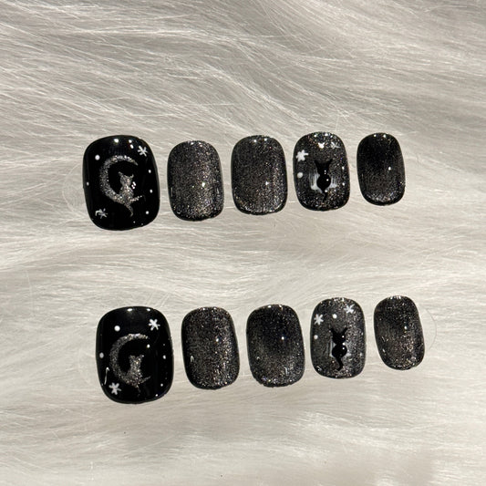 Handmade Glitter Black Cat Press On Nails | Cat Eye nails| Y2K nails