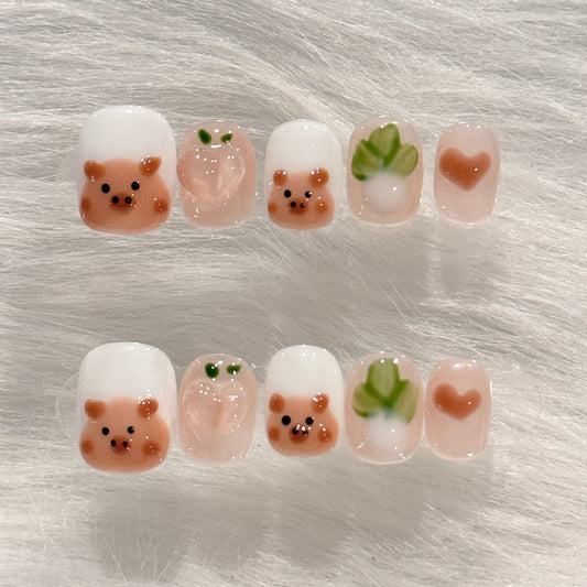 Handmade Cute Pink Piggy French Press On Nails | Cute Kawaii Nails 