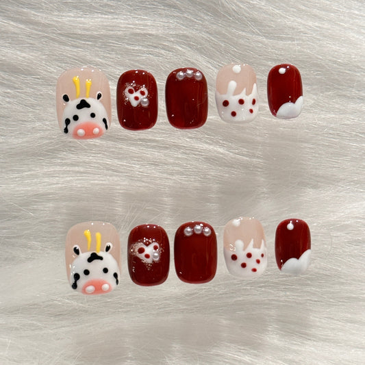 Handmade Cute Milk Cow Red Pink White Press On Nails | Cute Kawaii Nails
