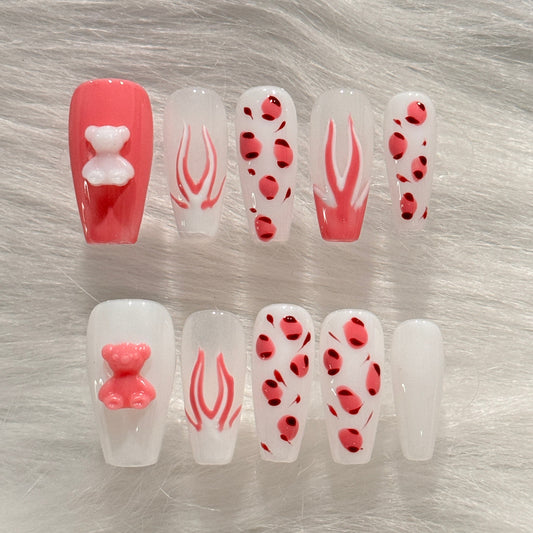 Handmade Leopard Print 3D Teddy Bear Flame Pink White Press On Nails | French Nails | Y2K Nails | Cute Kawaii Nails