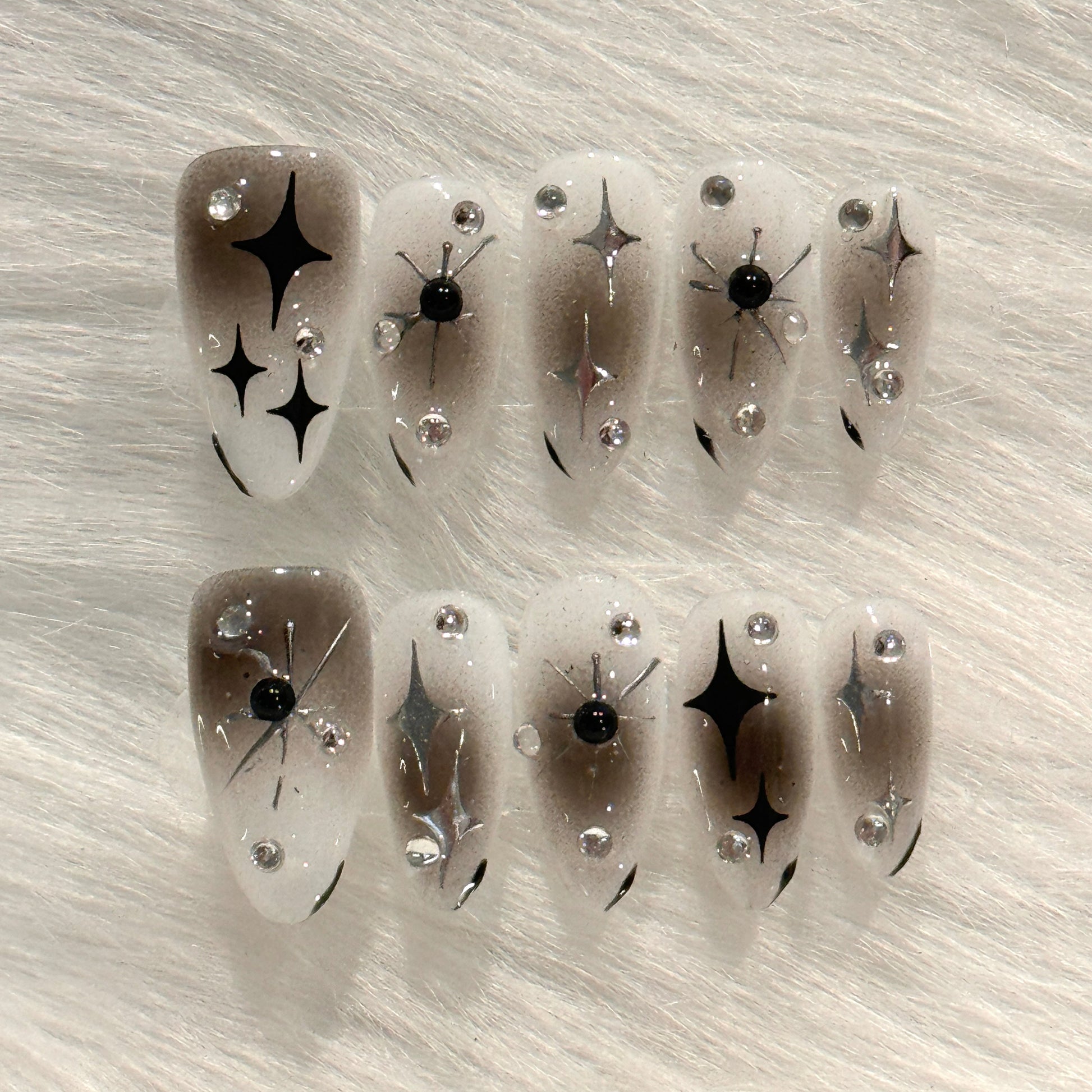 Handmade Black Blush Black Stars Rhinestone Press On Nails | Y2K Nails 