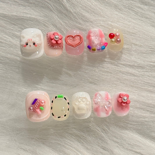 Handmade Colorful Cat Heart Paw Flower Pink and White Nails | Cute Kawaii Nails 