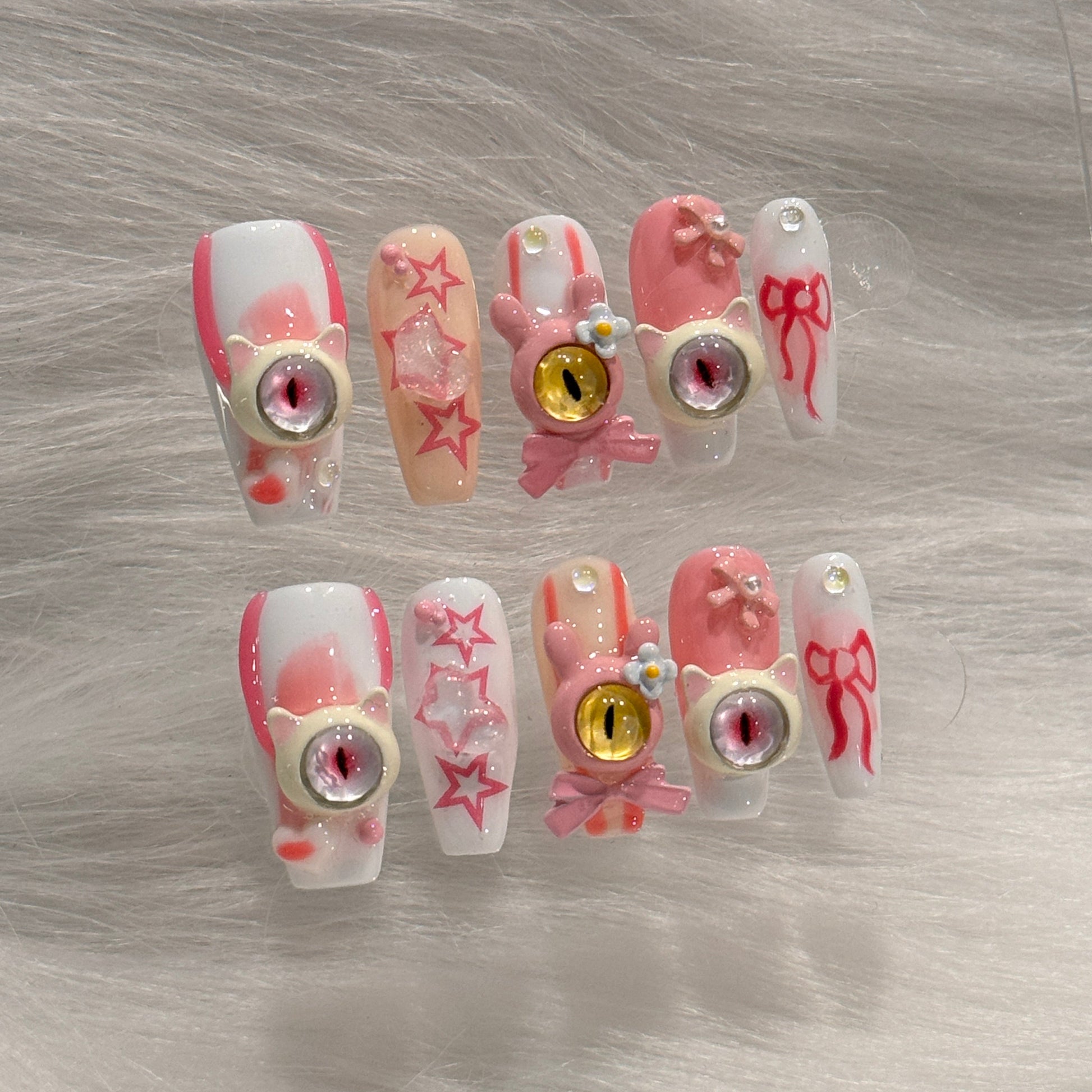 Handmade Cute Monster Pink and White Star Press On Nails | Y2K Nails | Halloween Nails