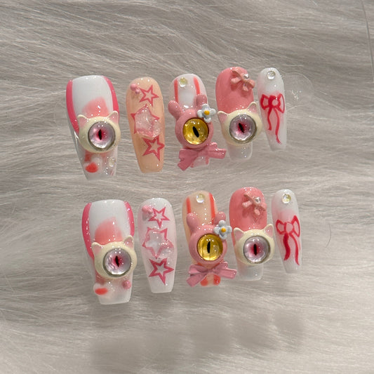 Handmade Cute Monster Pink and White Star Press On Nails | Y2K Nails | Halloween Nails